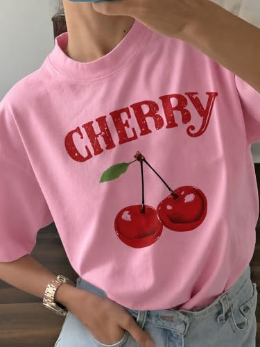 Jawdrobe Cotton Blend Oversized Fit Half Sleeve Printed Round Neck T-Shirt for Women (Tshirt-Cherry-Pink-s)