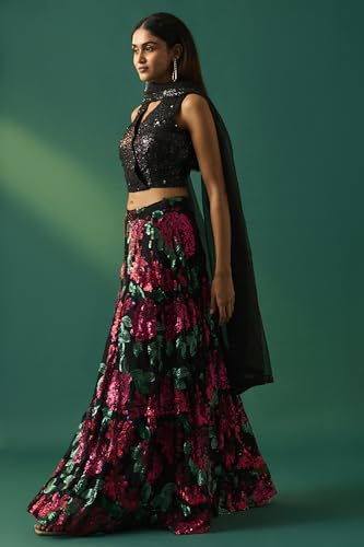 Wishful Women's Black Sequined Embellished Blouse with Skirt and Dupatta Set - (SP11498-401218-M)