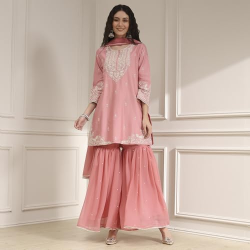 BIBA Women Light Pink Cotton Silk Embroidered Straight Suit Set_42