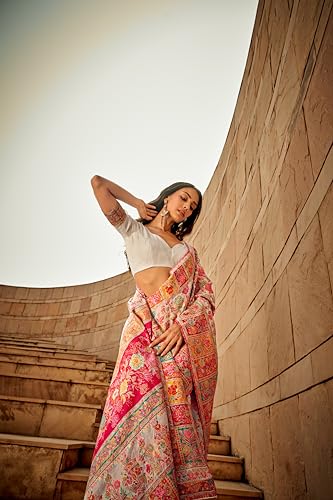 MADHUHANSH Womens Kasamiri Cotton Patola Letest Designer Saree with Unstitched Blouse With Boluse Piece (WHITE)