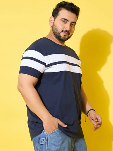 Bigbanana Men Plus Size Colorblock Navy Round Neck Tshirt (Bridge,Navy,5XL)