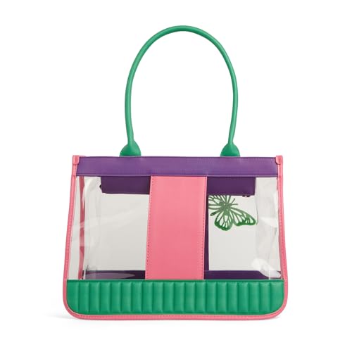 Caprese Madonna Laptop Tote Bag Large | Vibrant Transparent Handbag with Adjustable & Detachable Sling Strap, Secure Zip Closure | Shoulder Bag | Perfect for Office & Casual Use (Green & Purple)