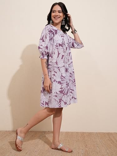 Vishudh Women Short Sleeve Round Neck Dress VPa1000193 Purple 2XL