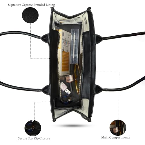 Caprese Madonna Laptop Tote Bag X-Large | Stylish Transparent Handbag with Butterfly Charm with Comfortable Handles & Secure Zip Closure | Shoulder Bag | Perfect for Office & Casual Use (Black)