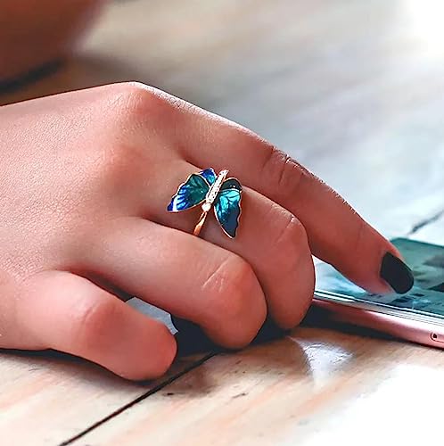 RUVEE 18K Gold-Plated Butterfly Ring with Blue Enamel Wings & Cubic Zirconia – Fashion Jewelry for Women & Girls