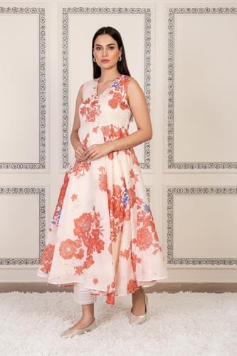 W for Woman Peach Floral Printed Chanderi Flared Kurta with Straight Pant and Dupatta Set (WS12803-125939-XL)