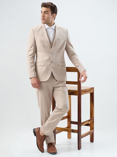 Park Avenue Men Slim Fit Solid Pattern Terry Rayon Blend Notch Lapel Full Sleeve Ceremonial Suit Fawn