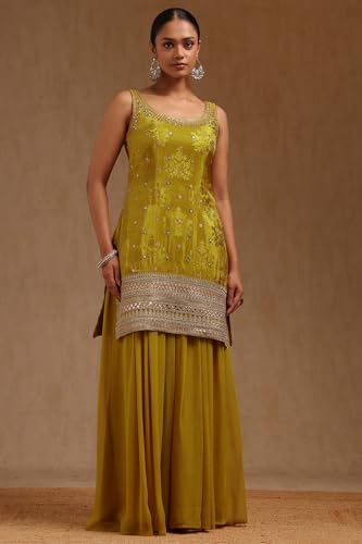 Soch Womens Mustard Tissue Embroidered Suit Set With Mirror Work