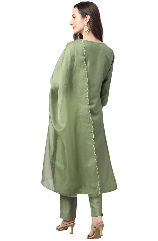 Janasya Women's Green Chinon Solid Kurta with Pant and Dupatta (SET567-KR-NP-J-S)