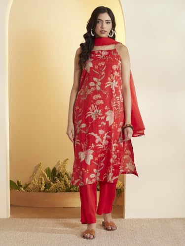 BIBA Viscose Blend Printed Straight Semi-Formal Kurta With Palazzo And Dupatta