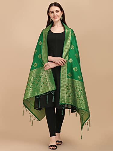 DEVANGI Women's Woven Banarasi Silk Zari Dupatta/Chunni, Width 1 Meter, Length 2.5 Meter (OM-DT-07-PGREEN)