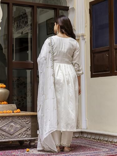 TRENDMALLS Women's Chanderi Silk Embroidery Salwar Suit Set Kurta Pant with Dupatta (G274-OffWhite-S-)