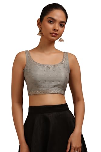 Soch Womens Grey Tussar Embroidered Padded Blouse with Zari