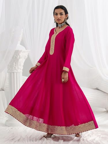 Libas Embroidered Silk Blend A-Line Ethnic Dress with Dupatta-93608L Pink