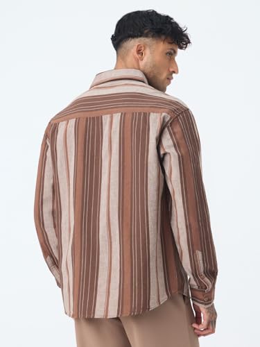 The Souled Store Cotton Linen Stripes: Latte Men and Boys Long Sleeve Spread Collar Brown Striped Casual Easy to Style Everday Office Wear Cotton Linen Shirt