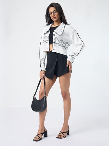 The Souled Store Textured Sweater: Linea Women and Girls Long Sleeves Round Neck White and Black Printed Knitted Acrylic Drop Shoulder Casual Lightweight Casual Winter Oversized Sweater