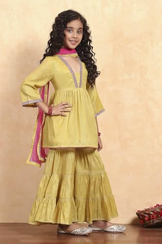 Biba Girl's Green Cotton Dyed Gathered Sharara Suit Set