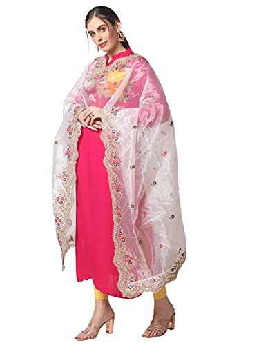 DUPATTA BAZAAR Women's White Embroidered Glass Tissue Dupatta with Cutwork