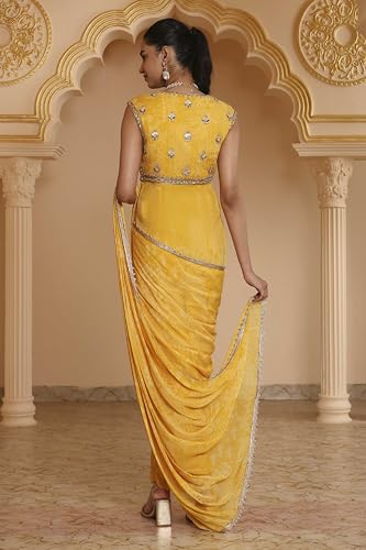 Biba Women Yellow Poly Georgette Digital Printed Gown Saree_38