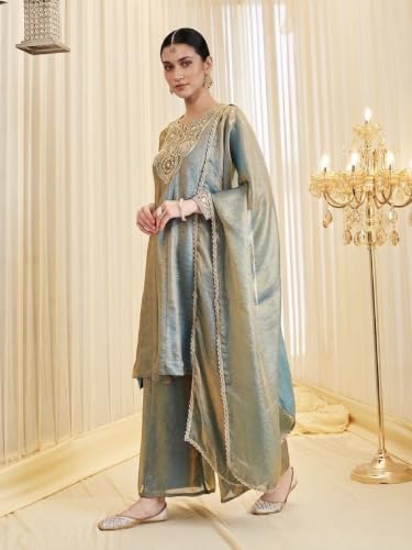 Women's Sage Green Fandy Silk Kurta Palazzo Set With Dupatta