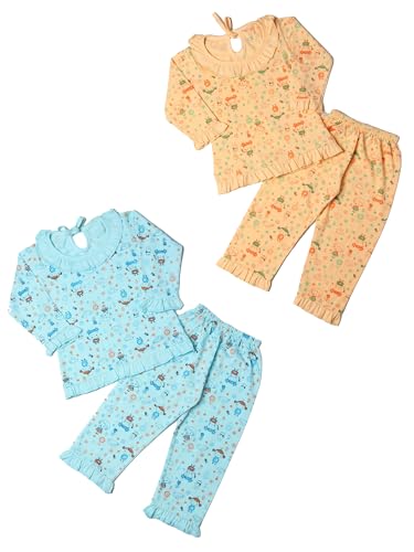 Chiclift Baby Girls Cotton Pajama Set – 2 Pack Printed Sleepwear with Ruffle Trim | Soft Long Sleeve Night Suit for Toddlers (6-7) Years