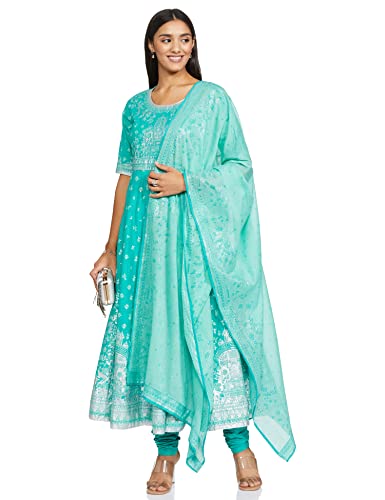 BIBA WOMEN PRINTED FITTED SALWAR KURTA DUPATTA(SKDSHWETH S7820_TURQUOISE_34)