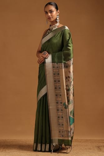 Soch Womens Green Tussar Kalamkari Printed Saree
