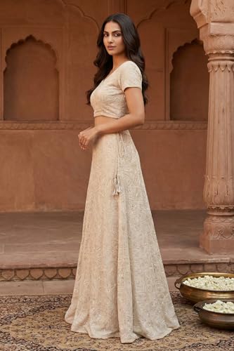 Aurelia Women's Beige Sequins Crop Top with Skirt and Dupatta Set - (AD10734-E608792-L)