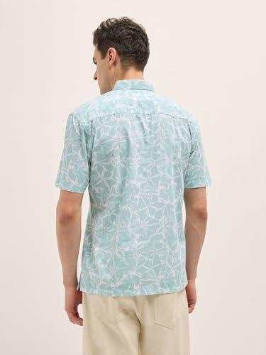 THE BEAR HOUSE Men's Green Relaxed Fit Cotton Half Sleeve Shirt