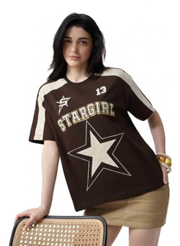 The Souled Store Stargirl: Women and Girls Short Sleeves Round Neck Dark Brown Graphic Printed Cotton Oversized Breathable Streetwear T-Shirt