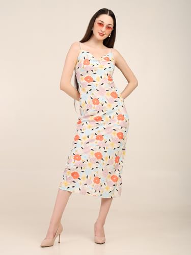 7OUNCE Women's Printed Bodycon Cowl Neck Dress - Adjustable Straps & Side Zipper Closure in Soft Crepe Fabric Multicolour