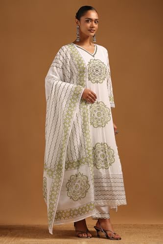 Soch Womens Off White Cotton Ethnic Motifs Suit Set With Beads