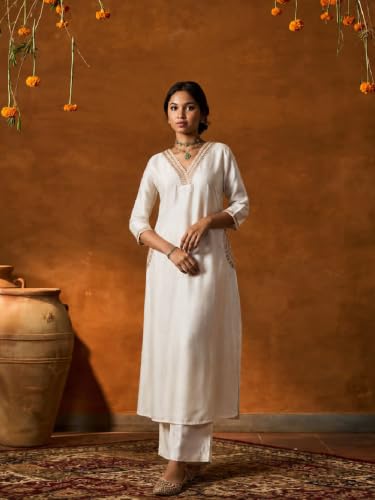 Varanga Women Champagne Beige A Line Kurta Trousers Set V Neck