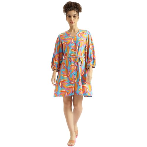 United Colors of Benetton Regular Fit V-Neck Floral Print Dress (Size: M) - 26P4WVNDR349I902 Blue