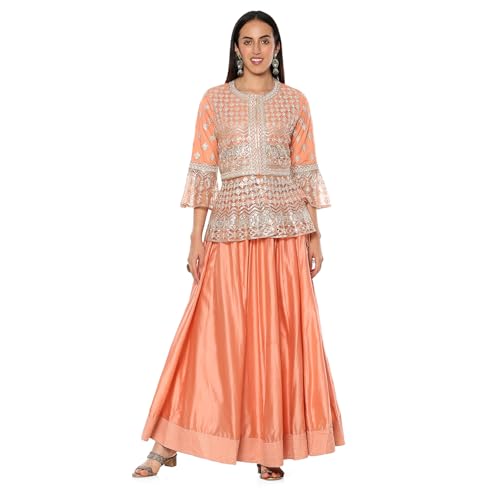BIBA Women's Nylon Lehenga Set (SKDHO10574AW24PCH_Peach_2XL)