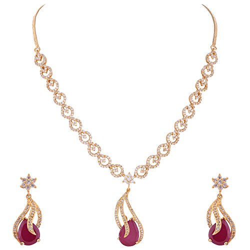 RATNAVALI JEWELS Red American Diamond Traditional Ruby Necklace Pendant Set with Earring for Women