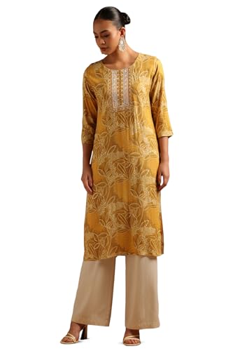 Soch Womens Mustard Rayon Floral Print Kurta with Mirror Work