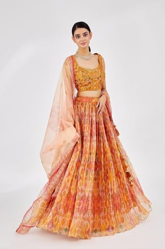 AG Clothing Women's Organza Semi Stitched Lehenga Choli With Dupatta | Digital Print With Creaz Pattern | Traditional, Wedding, Ethnic Wear Lehenga (ZC-MAndAKINI-Vol2i-121-Yellow)
