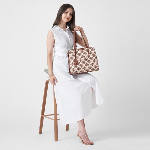 Caprese Shibori Medium Satchel Bag for Women | Printed Faux Leather Shoulder Bag with Adjustable & Detachable Strap | Multi-Compartments | Zipper Closure | Everyday Office, Travel & Casual Use (Brown)