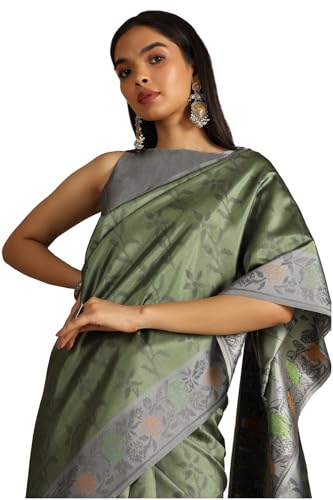Soch Womens Olive Tussar Floral Print Saree