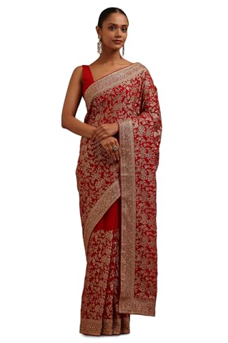 Soch Womens Red Georgette Embroidered Saree With Stone Work