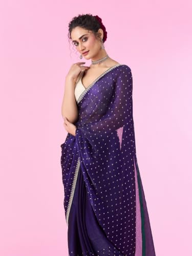 MOHEY Women's Organza Stone Work Saree with Blouse Piece (Purple)