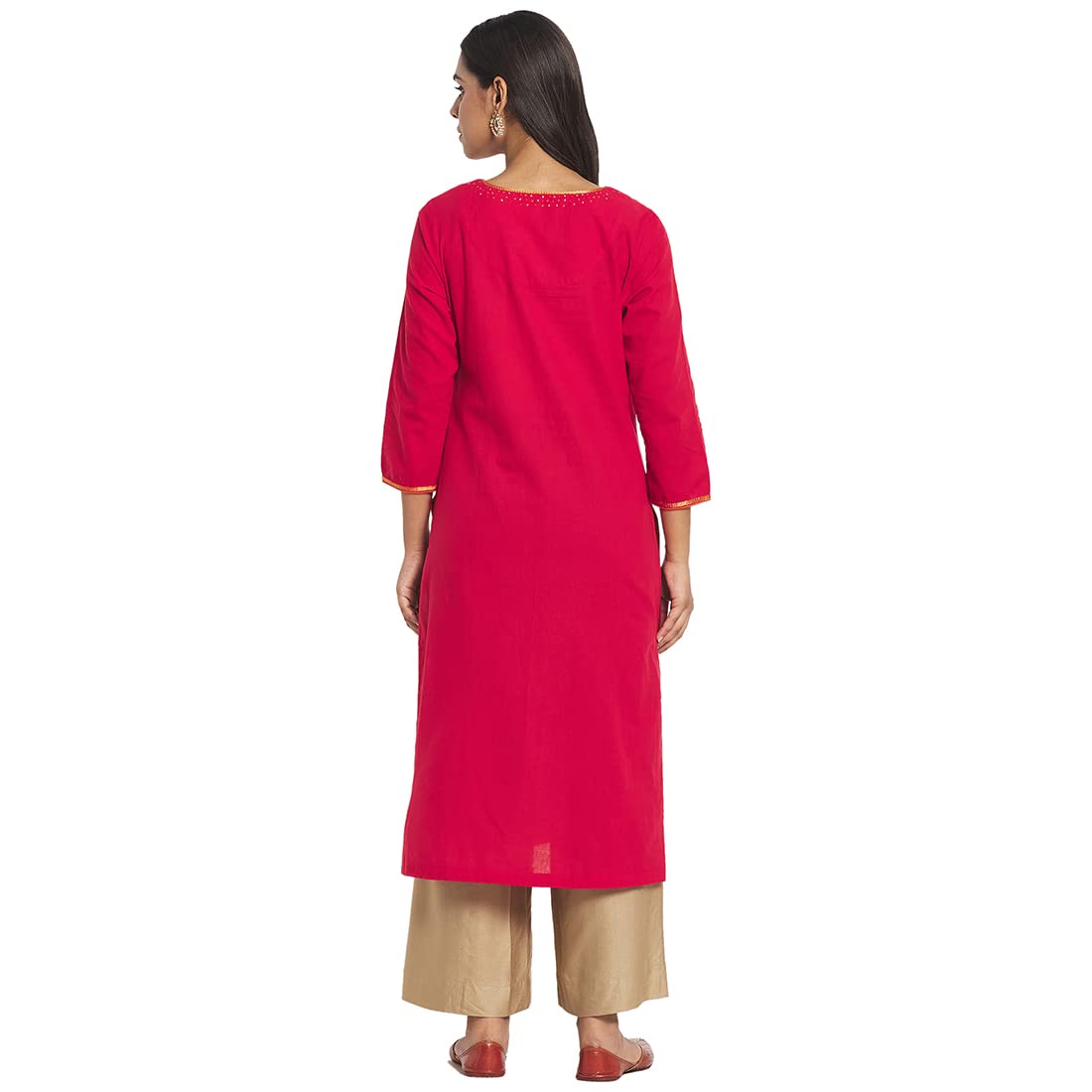 Fabindia Women Cotton Embroidered Long Kurta Red_XL