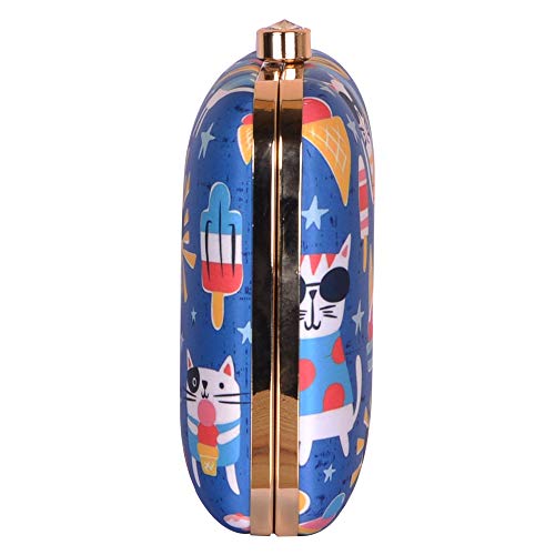 Artklim Sky Blue Cat, Sun & Ice Cream Hard Case Box Clutch with Detachable Strap Chain - Quirky Evening Bag - Stylish Occasions Purse - Gift for Girls