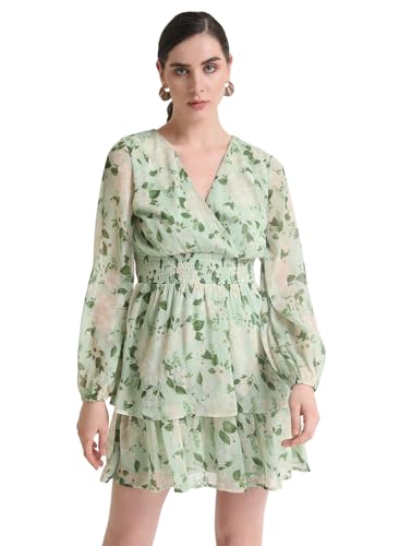 Kazo Women's Chiffon Fit and Flare Mini Dress (125373_Green Off White Combo