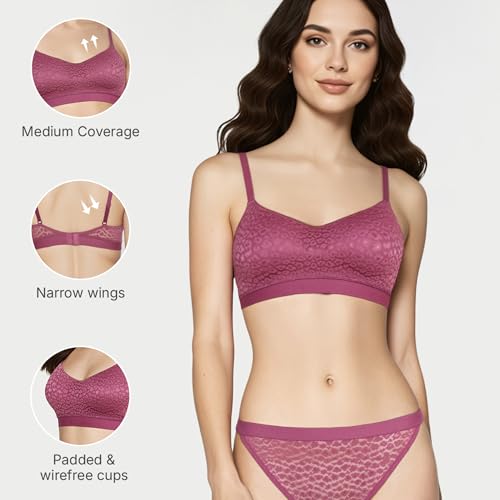 Enamor Lit Balconette Bra for Women Padded, Wire-Free, Medium Coverage, Lace Jacquard on Cups - SMB02 (Dusky Mauve)