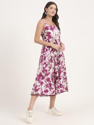 Divena Purple Printed Cotton Shoulder Strap Pompom Dress