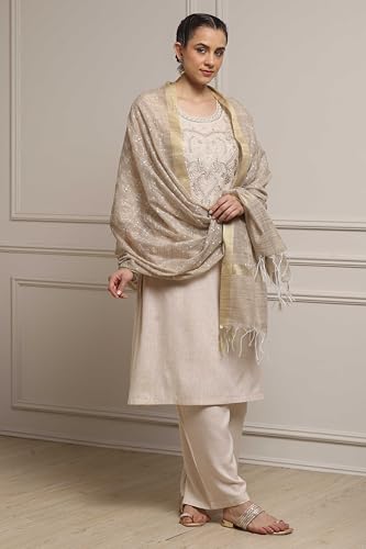Biba Women Beige Polyester Blend Straight Dyed Suit Set_42
