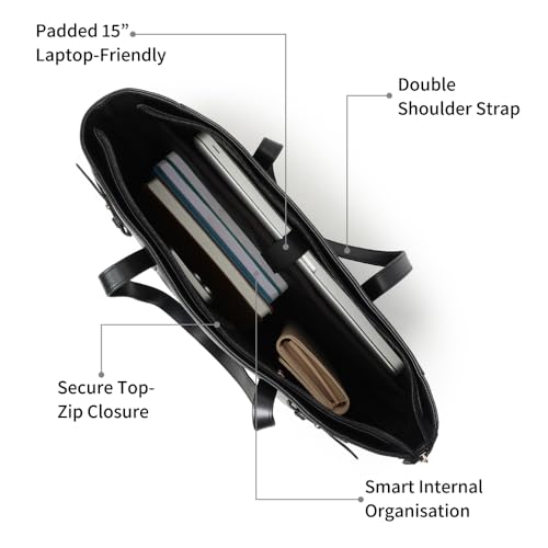 Fastrack Black Powermode Laptop Tote For Women | Black Faux Leather Bag | Fits Upto 15" Laptop | Ladies Tote Bag with Zipper Closure & Utility Pockets