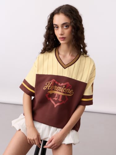 The Souled Store Harry Potter: Genius Women and Girls Short Sleeves V Neck Maroon and Beige Graphic Printed Cotton Oversized Breathable Lightweight All Season T-Shirts